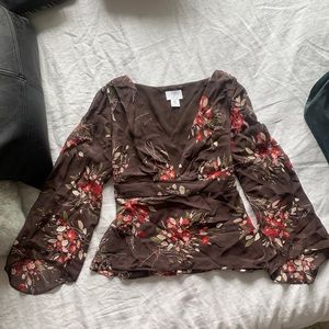 Loft Floral Brown Silk Blouse